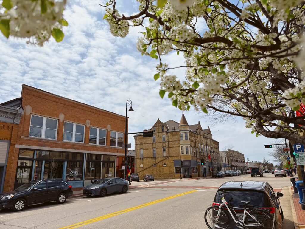 Mount Horeb's Main Street showing the historic Opera house, and Sunn Cafe at the corner of Main Street and 2nd Street